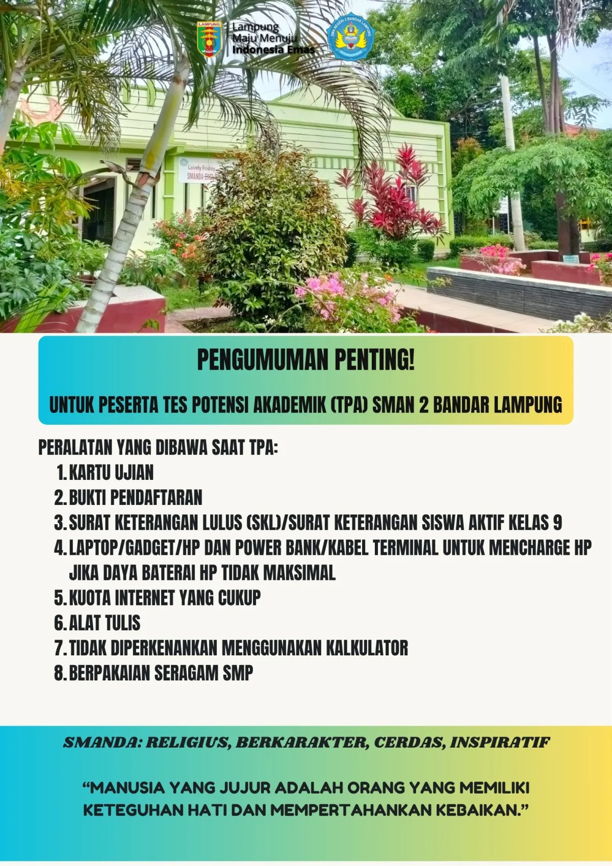Informasi Penting untuk Peserta TPA SMAN 2 Bandar Lampung